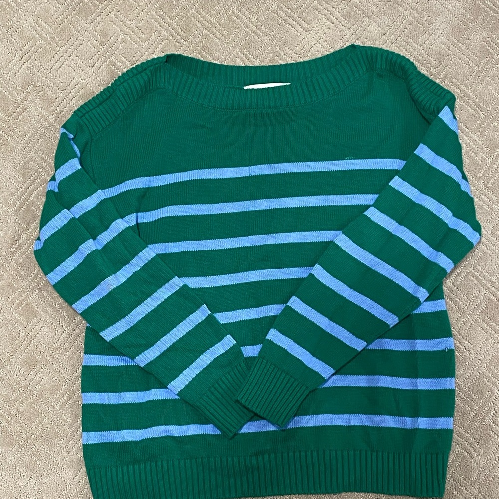 LOFT Green and Blue Striped Crew Neck Sweater